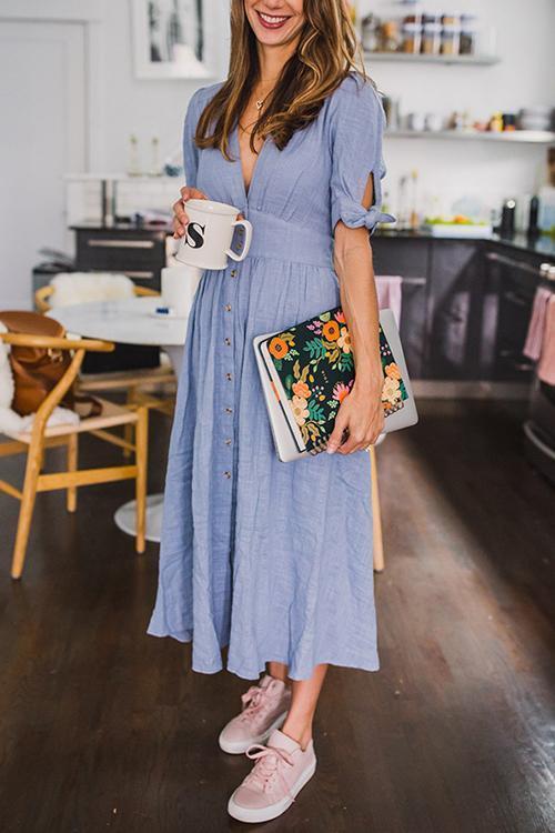 Deep V-Neck Puff Sleeve Tie Cuff Button Front A-Line Midi Dress - View 6