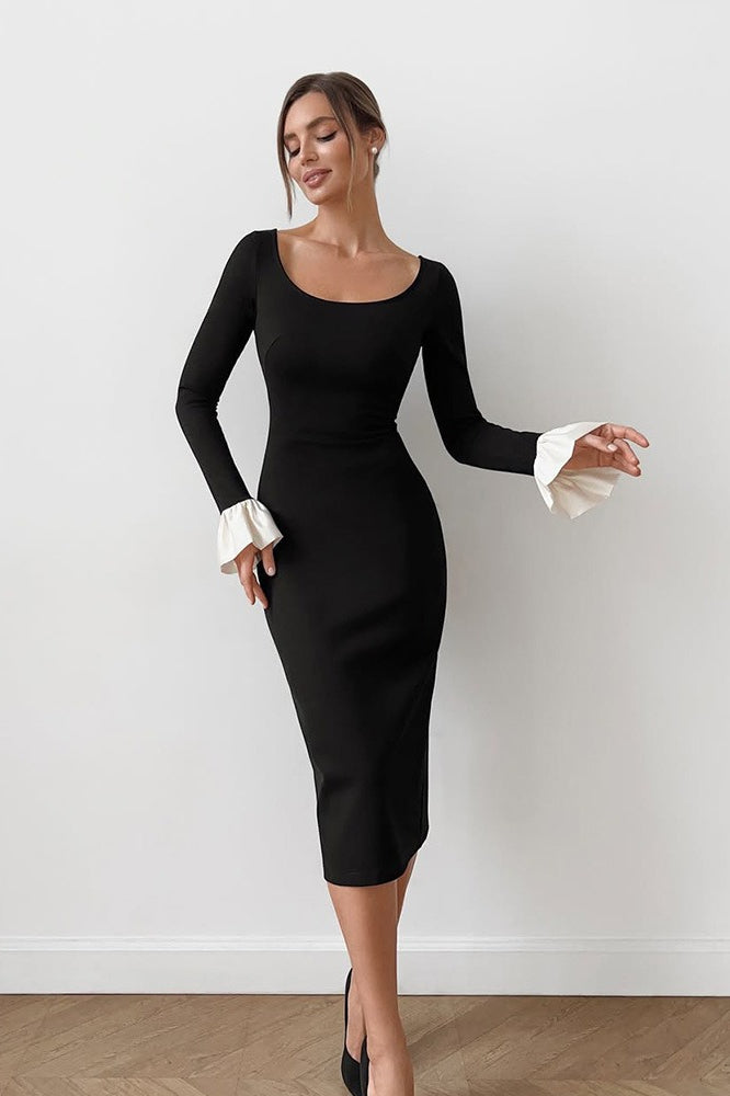 Square Neck Long Sleeve Contrast Cuff Bodycon Midi Dress 2