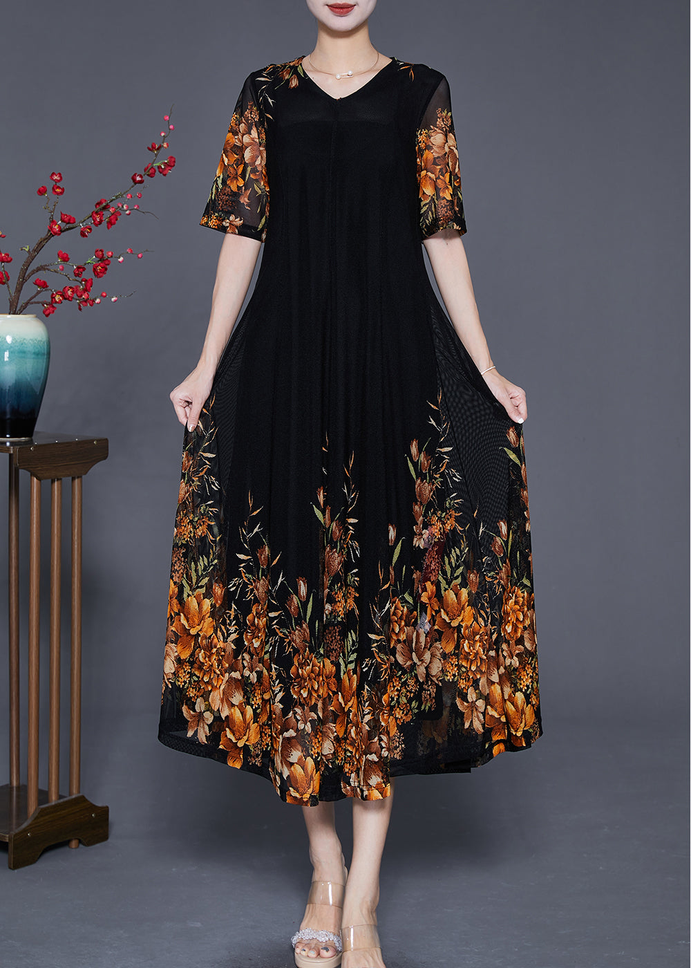 Mesh Elbow Sleeve V-Neck Band Hem A-Line Midi Dress - View 2