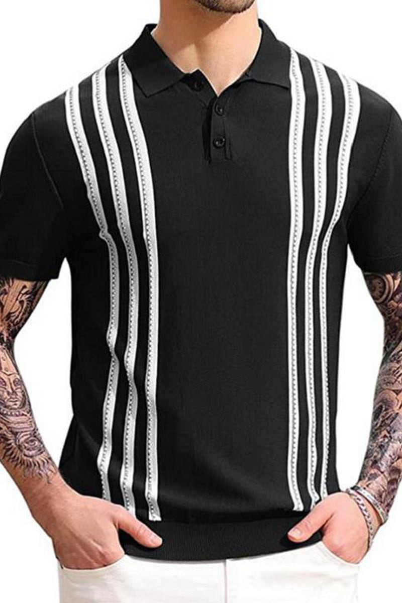 Men's Black Striped Knit Polo Shirt - Fashionpara