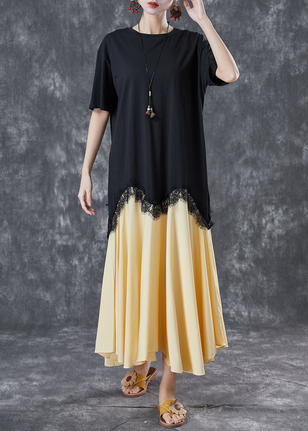 Faux Two Piece Scalloped Lace Trim Pleated A-Line Midi Dress - View 2