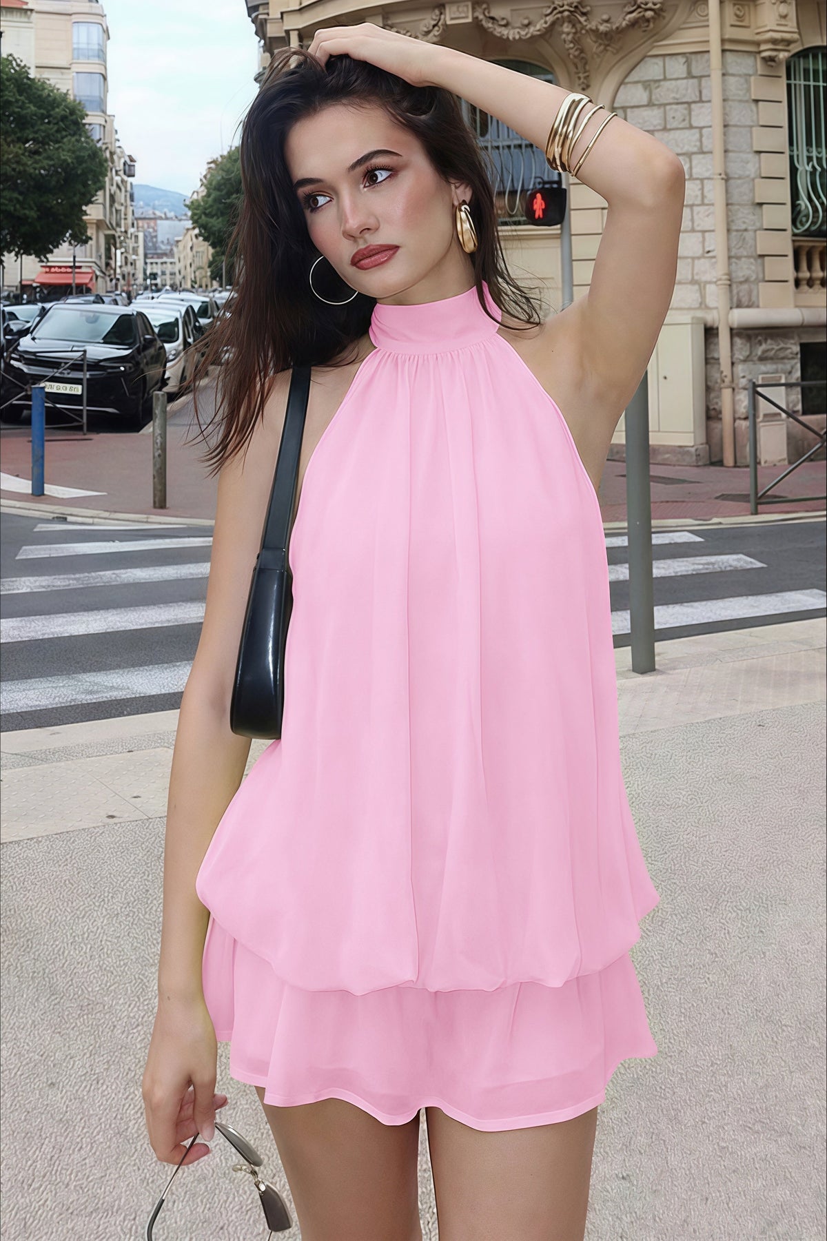 Chiffon Halter Neck Bubble Hem Tiered Mini Dress 4