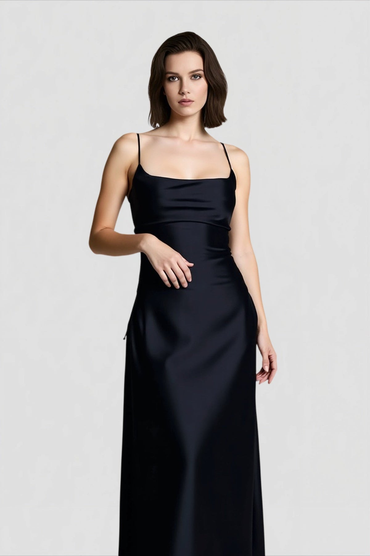 Satin Cowl Neck Spaghetti Strap Fishtail Gown