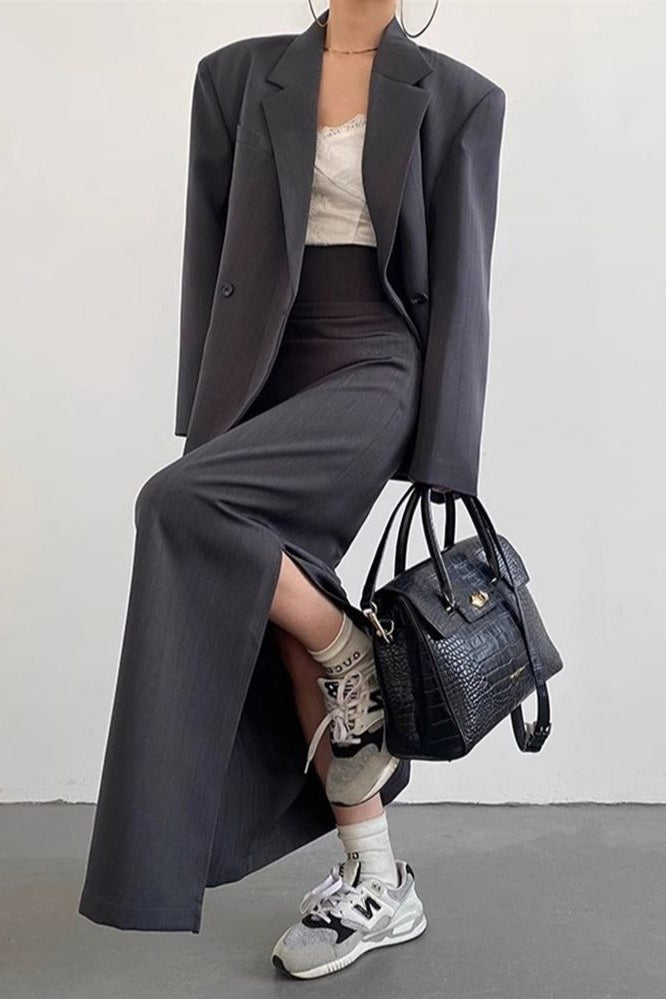 Lapel Collar High-Slit Long Sleeve Midi Dress