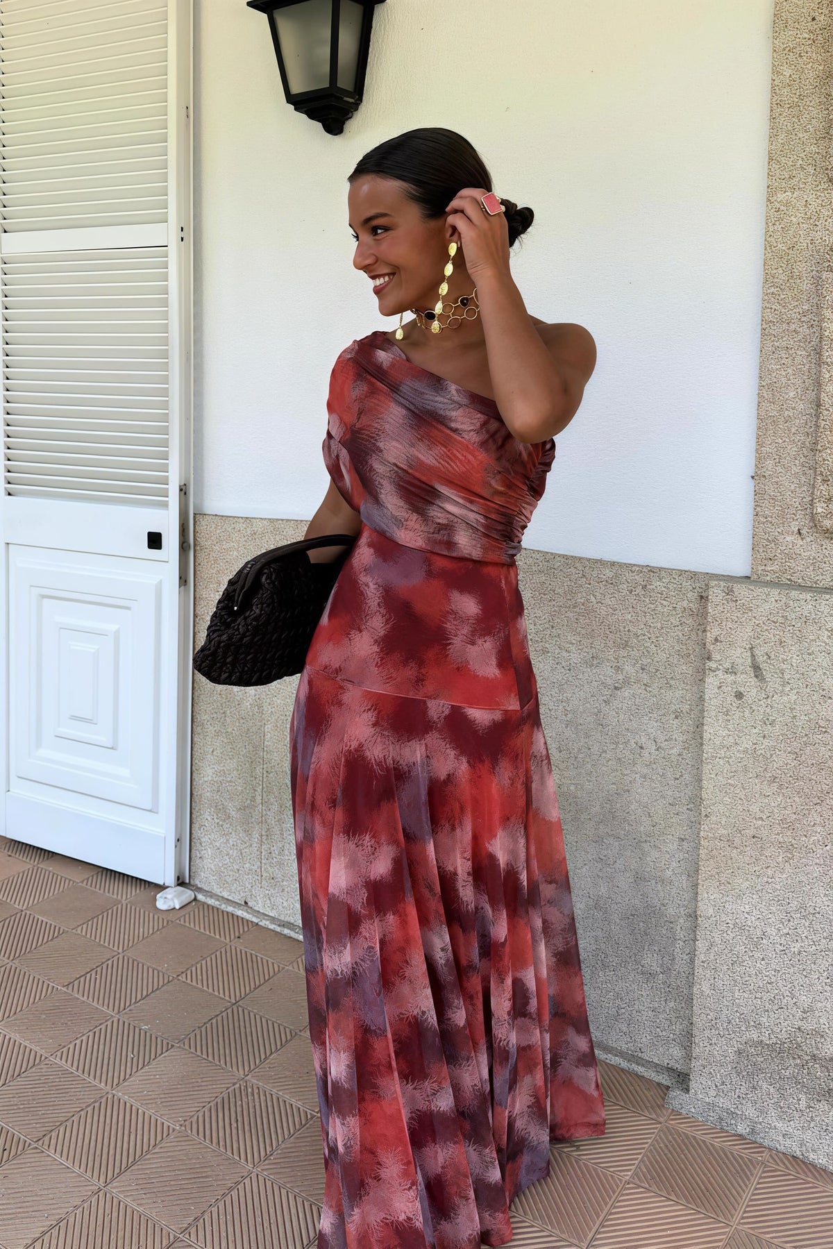 Feather Print One Shoulder Chiffon Maxi Gown 2