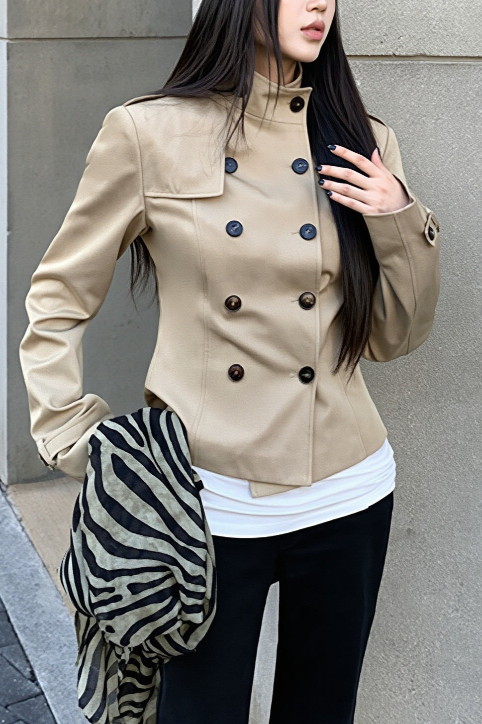 Stand Collar Peplum Double Breasted Belted Coat