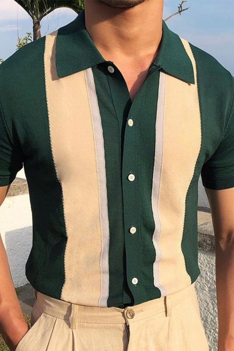 Lapel Contrast T-shirt Single-breasted Cardigan Short-sleeved Knit Polo Shirt  Fashionpara