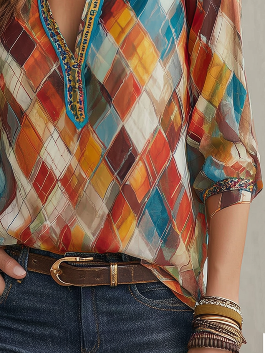 Retro Henley Collar Colorful Diamond Long Sleeve Blouse - Fashionpara