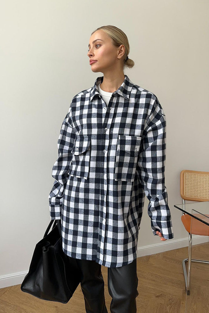 Plaid Mid Length Double Pocket Shirt Blouse
