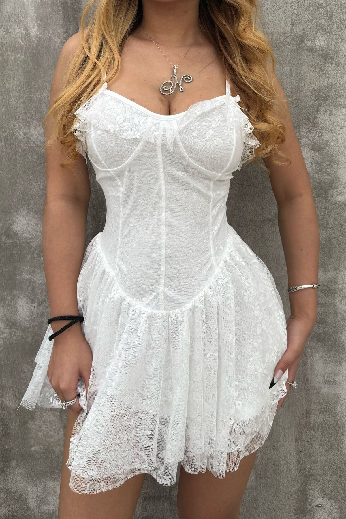 Solid V Neck Ruffled Lace Dress - View 2