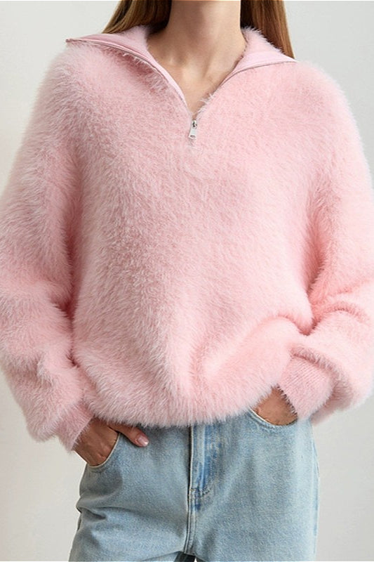 Faux Mink Slouchy Turtleneck Zip-Front Sweater