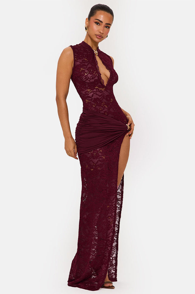 Lace High Neck Keyhole High Split Maxi Gown 7