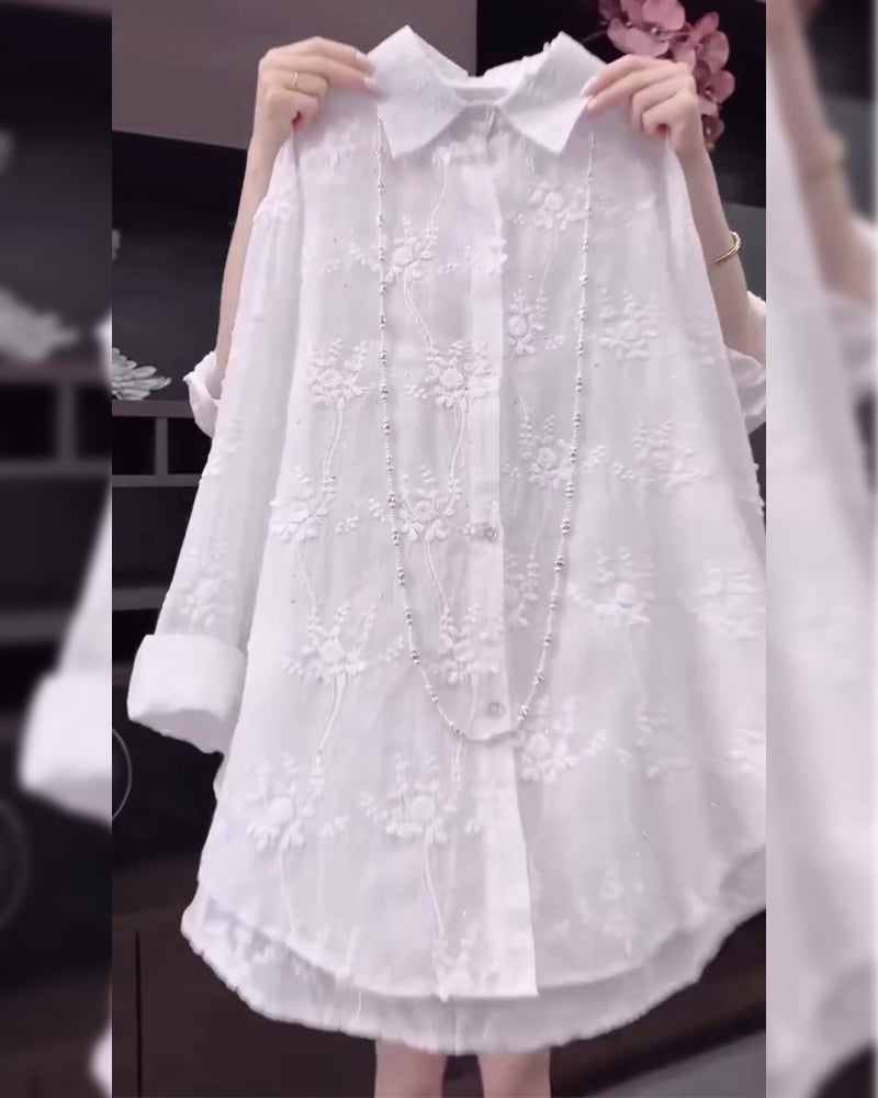 Collared Long Sleeve Floral Embroidered Button Front Shirt 2