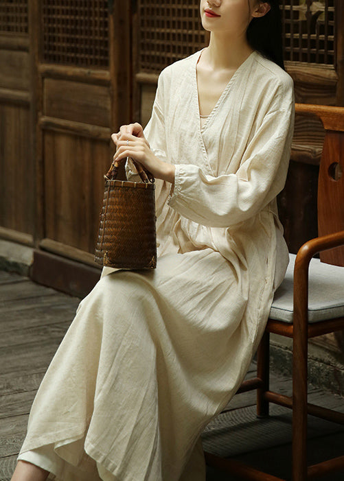 Linen V-Neck Wrap Long Sleeve Relaxed Maxi Dress