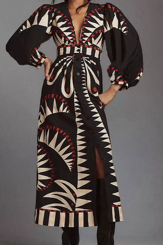 Geometric Print V-Neck Puff Sleeve Button Front Maxi Dress 2