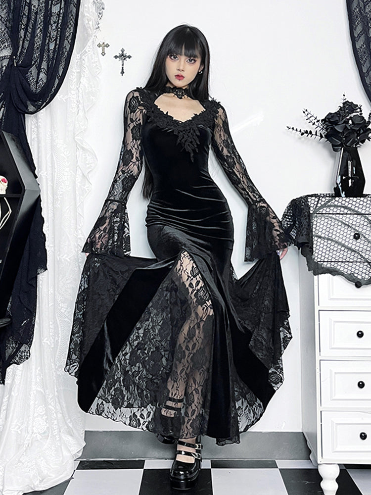 Velvet Lace-Panel V-Neck Bell-Sleeve Mermaid Maxi Dress