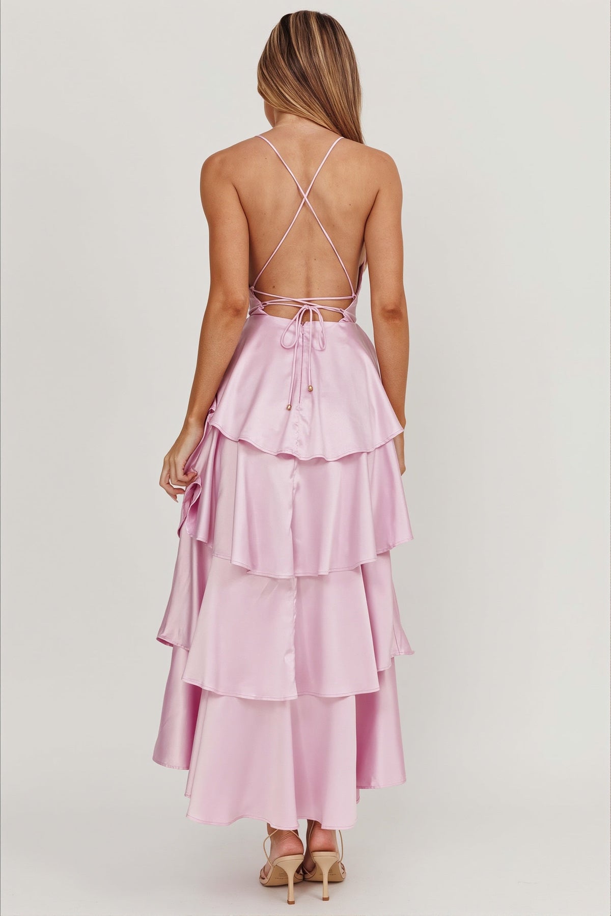 Satin Plunge V-Neck Tiered Ruffle Maxi Formal Dress