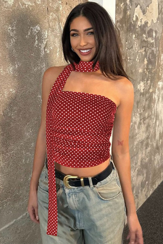 Polka Dot Print Slim Fit Bustier Crop Top - Fashionpara
