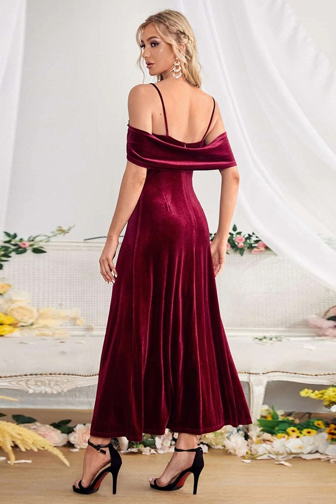 Velvet Off Shoulder Sling Split Maxi Evening Velvet Dress - Fashionpara