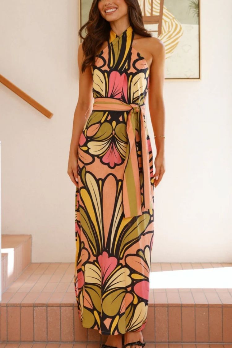 Unique Print Halter Neck Waist Tie Holiday Maxi Dress - Fashionpara