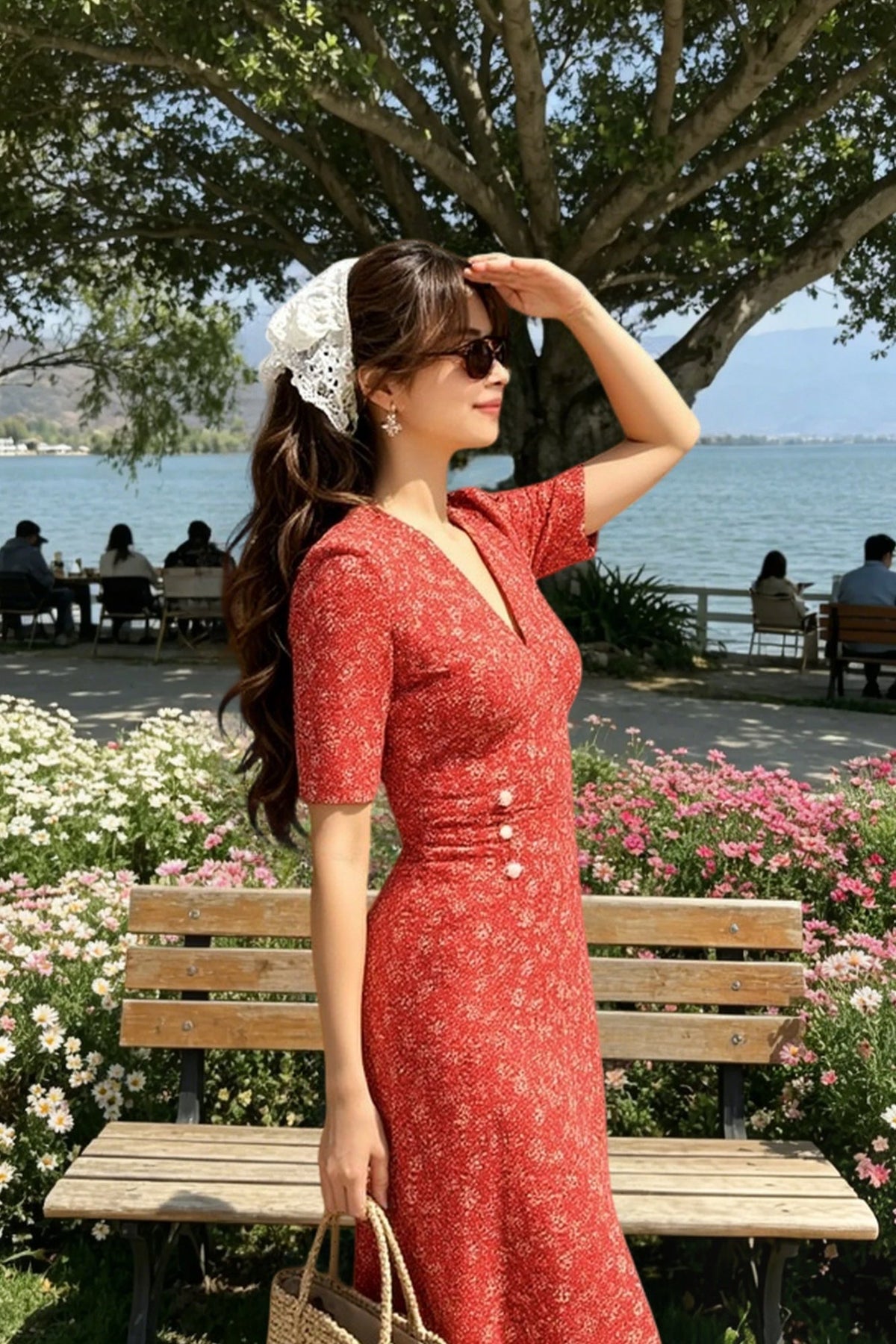 Floral Print V-Neck Short Sleeve Button-Front Midi Dress