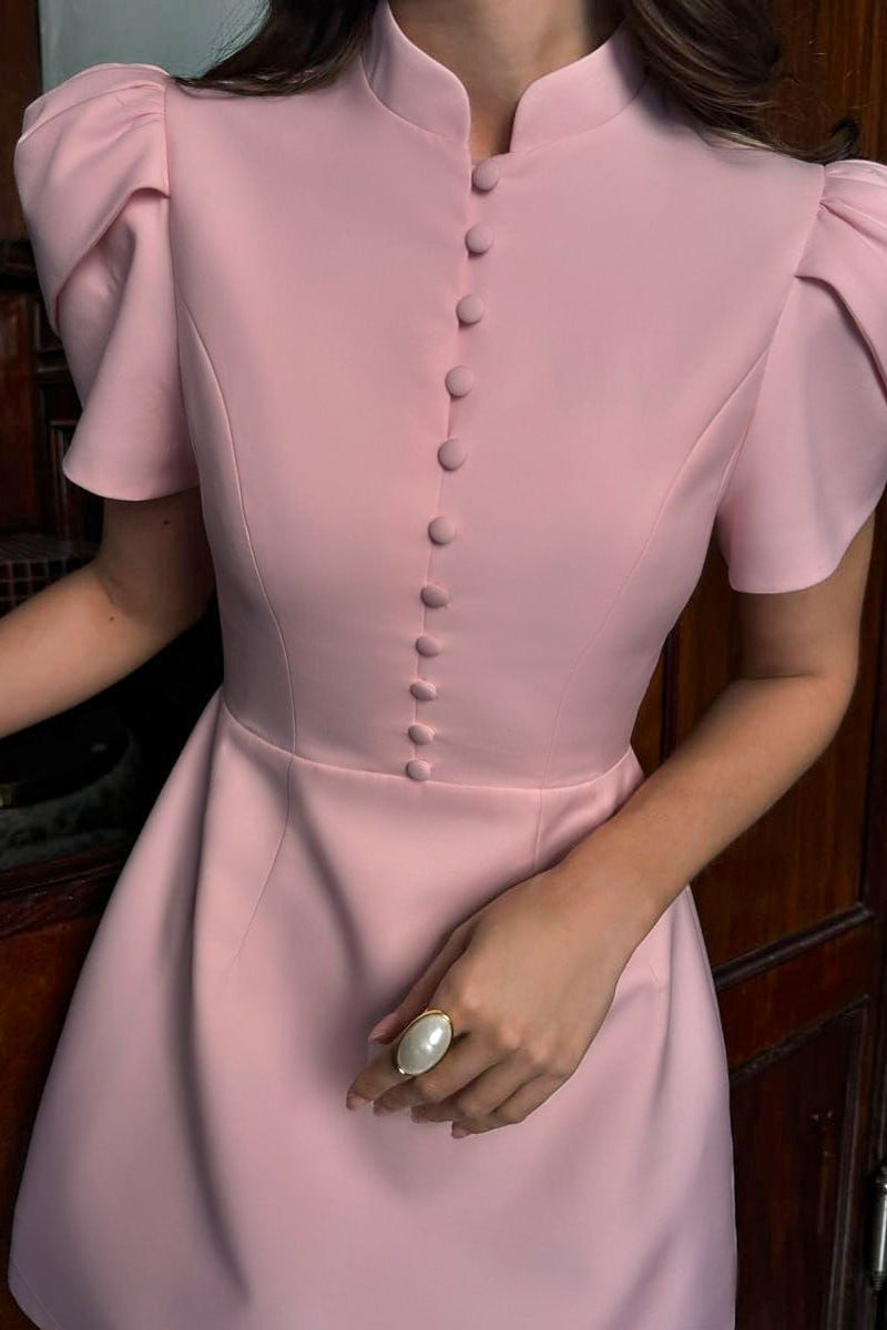 High Neck Puff Sleeve Button Front Mini Dress
