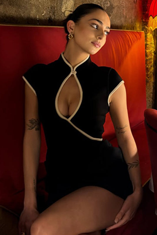 Cut Out Mock Neck Cap Sleeve Bodycon Mini Dress