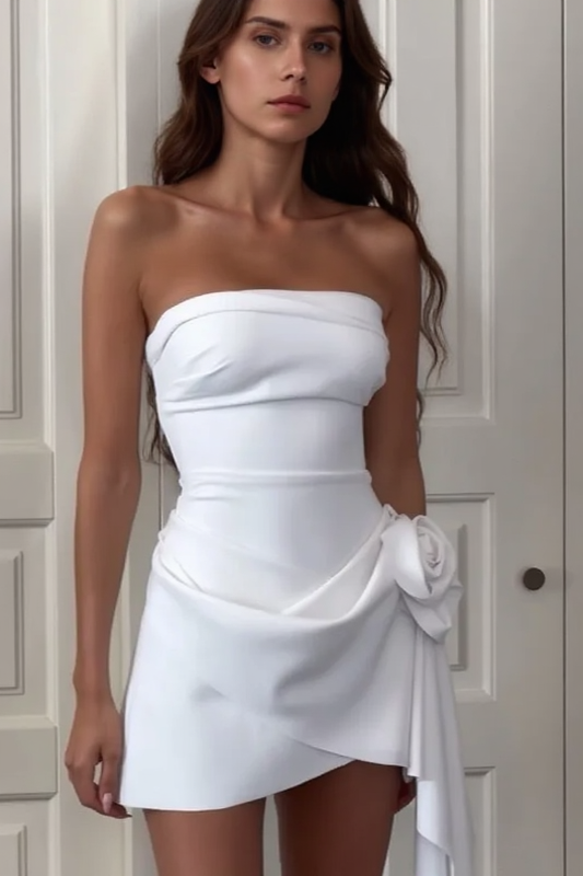 Strapless Rosette Asymmetric Hem Mini Dress 2