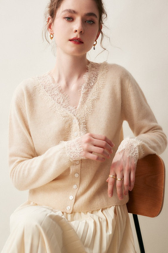 Luxe Cashmere V-Neck Cardigan with Elegant Lace Trim