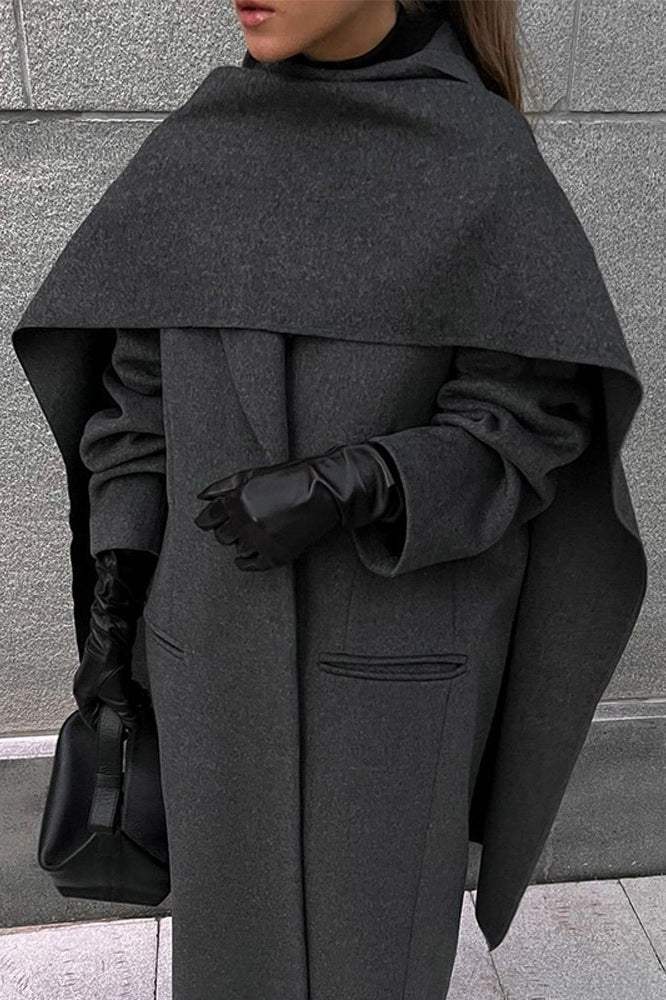 Extra-Long Woolen Overcoat with Scarf Collar for Elegance