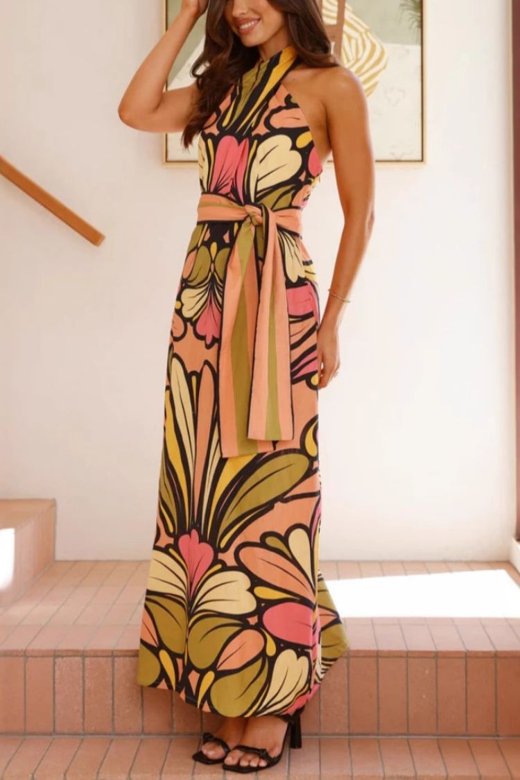 Unique Print Halter Neck Waist Tie Holiday Maxi Dress - Fashionpara