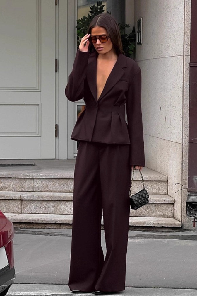 Office Waist Cinched Blazer Pants Two Piece Set