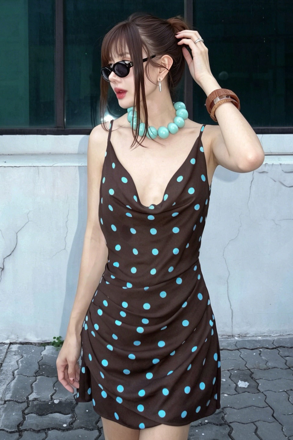 Polka Dot Cowl Neck Ruched Satin Slip Mini Dress