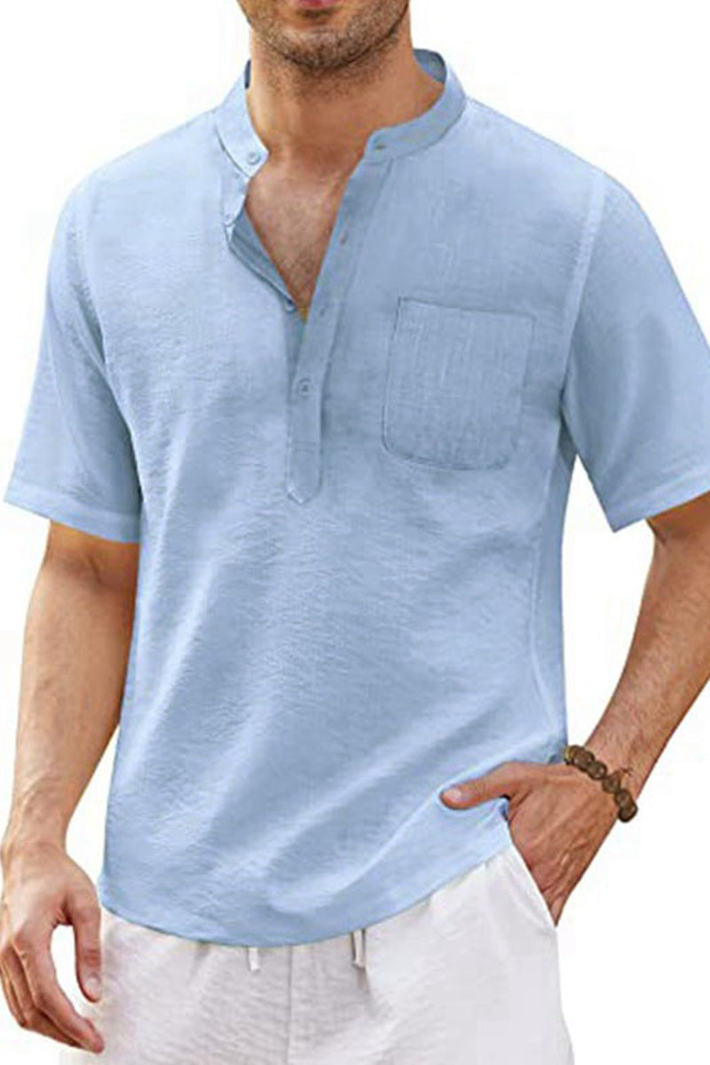 Solid Colour Short Sleeve Cotton Linen Shirt - Fashionpara