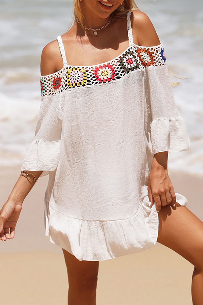 Crocheted Off Shoulder Short Solid Color Sunscreen Beach Skirt
