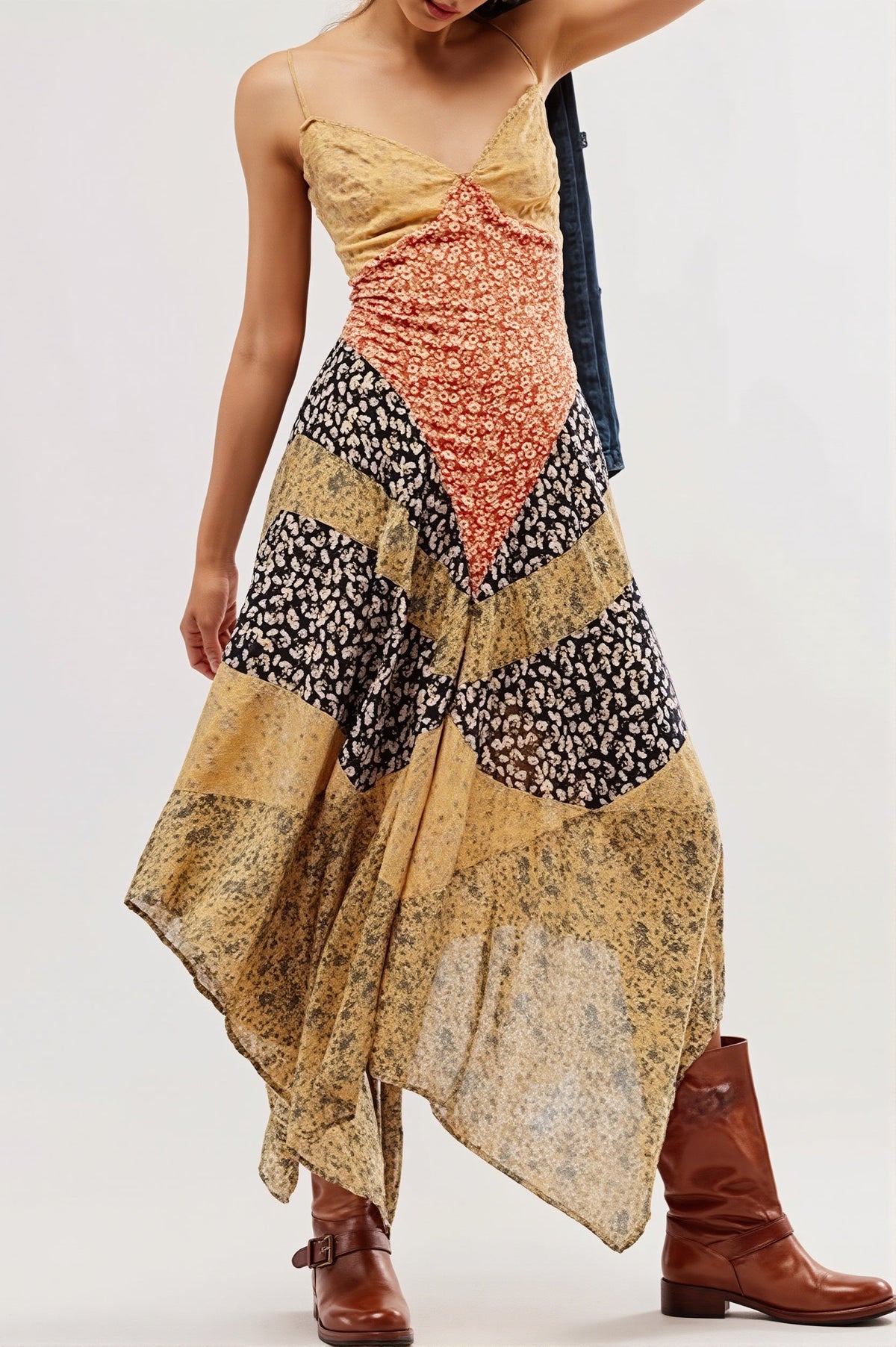 Floral Patchwork V-Neck Handkerchief Hem Slip Midi Dress