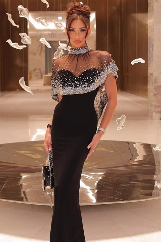 Luxury Beaded Rhinestone Shawl Sleeveless Formal Dress