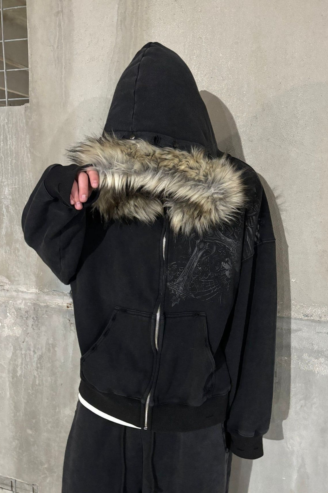 Faux Fur Hood Graphic Oversized Pullover Hoodie