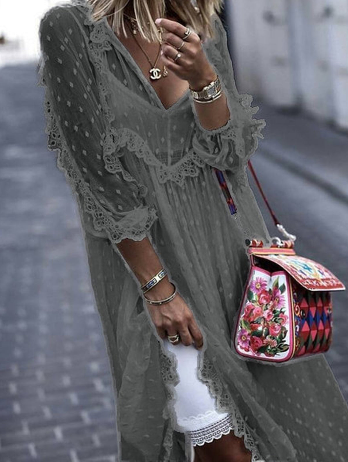 Boho Lace Trim Dotted Mesh Tiered Midi Dress 5