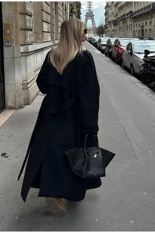 Elegant Double-Breasted Long Overcoat with Turn-Down Collar