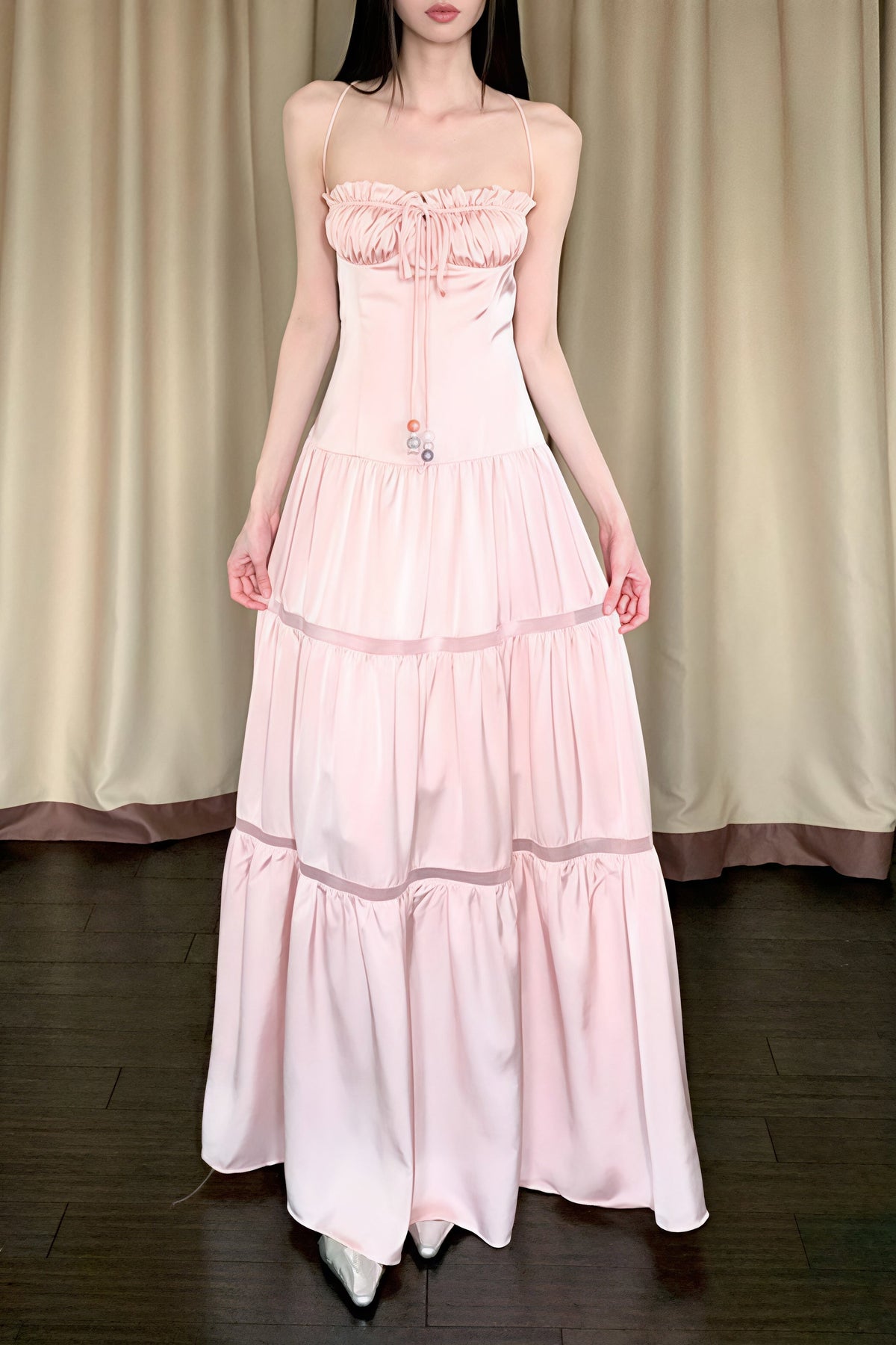 Satin Ruffle Trim Tiered Maxi Dress 3