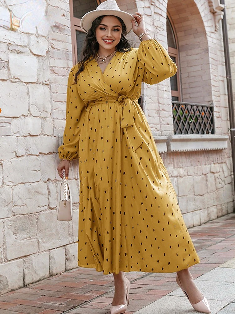 V-neck Long Sleeve Lace Up Long Dresses