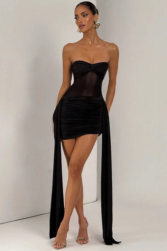 Strapless Ruched Cut-Out Mesh Maxi Dress