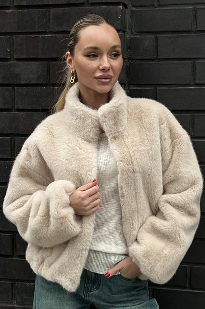 Zip Up Fuzzy Stand Collar Coat