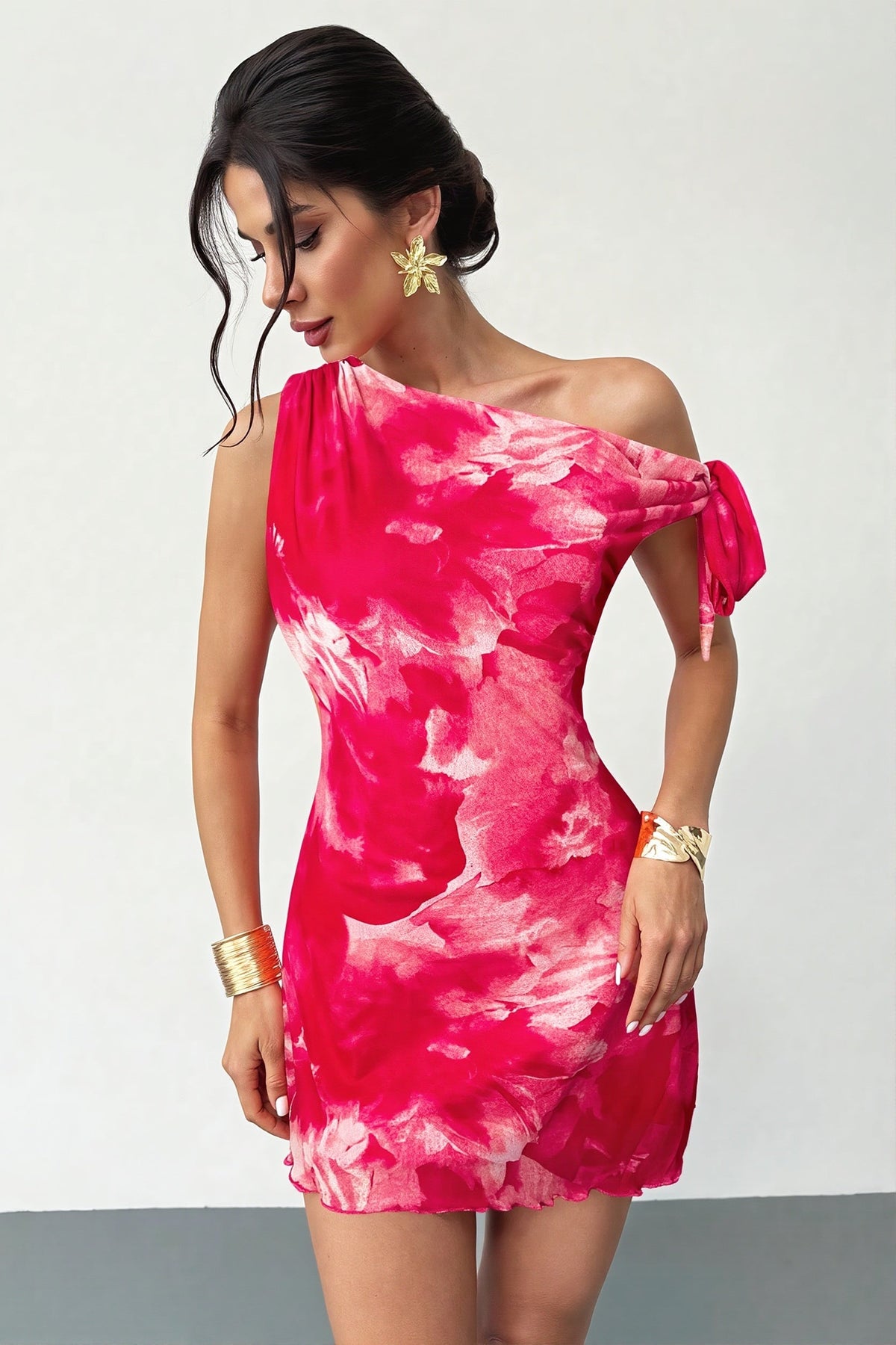 Floral One Shoulder Tie Front Draped Mini Dress