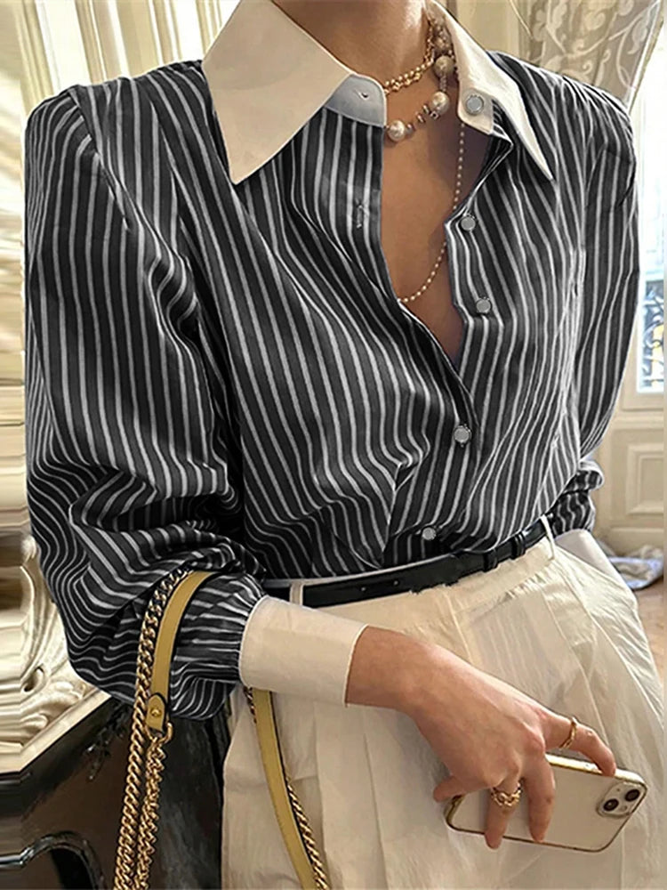 Stripe Patchwork Casual Long Sleeve Tunic Blouse - Fashionpara