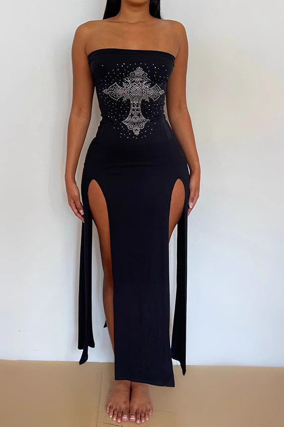 Y2K Hollow Waist Cross Rhinestone Strapless Maxi Dress