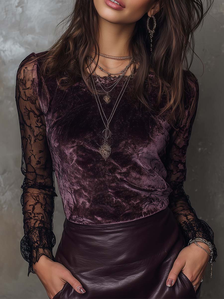 Velvet And Lace Gothic Sheer-Sleeve Top - Fashionpara