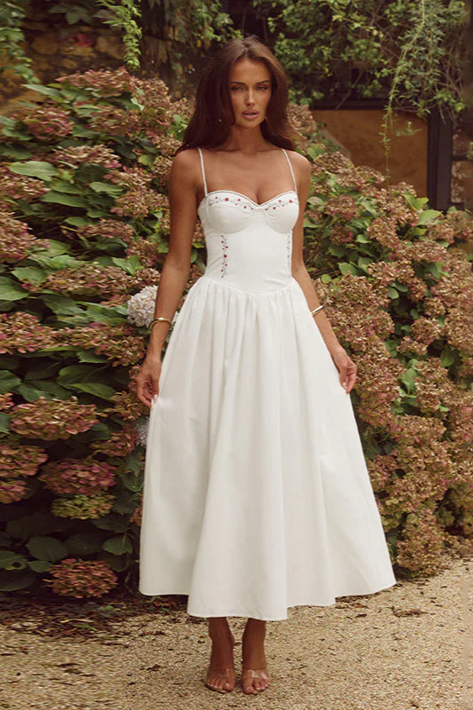 Floral Embroidered Waist-Cinched A-Line Maxi Dress - Fashionpara