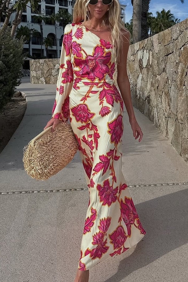 Floral Print One Shoulder Mermaid Maxi Gown